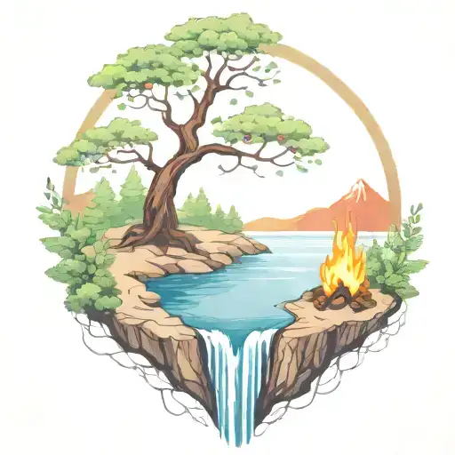 a rowan berry tree and a campfire beside a river waterfalling down the front tattoo design idea