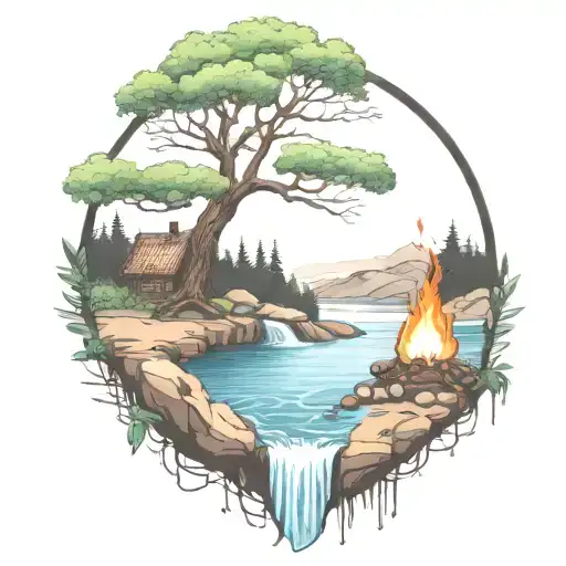 a rowan berry tree and a campfire beside a river waterfalling down the front tattoo design idea