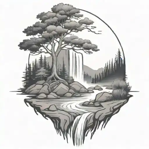A River With A Campfire Beside It Waterfalls Down The Front tattoo design idea
