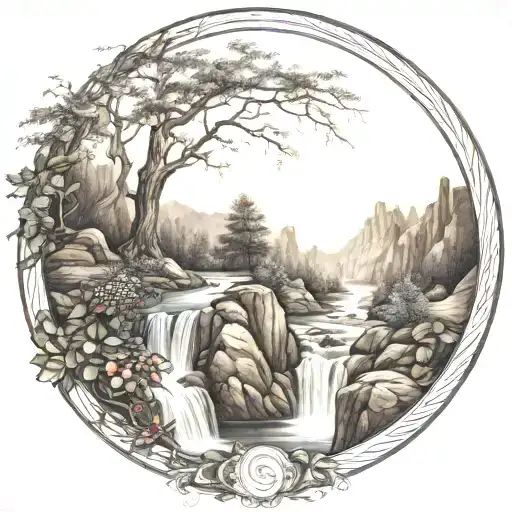 a winding river flows through low mountain knobs, past a berry bush and waterfalls down through the bottom tattoo design idea