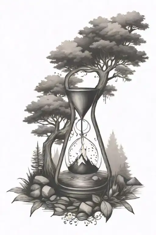 river waterfall tree campfire hourglass tattoo design idea