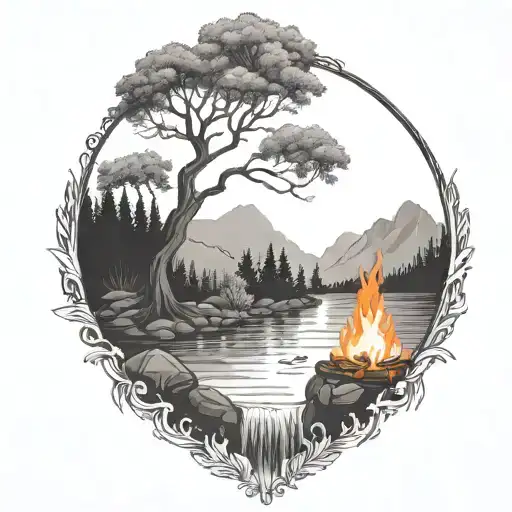 A River With A campfire and rowan tree on either side of It Waterfalls Down The Front tattoo design idea