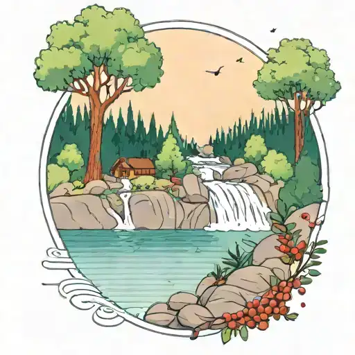 A river with a campfire on one side and an rowan berry tree on the other side waterfalls down the front tattoo design idea