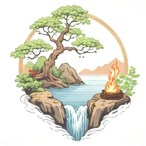 a rowan berry tree and a campfire beside a river waterfalling down the front tattoo design idea