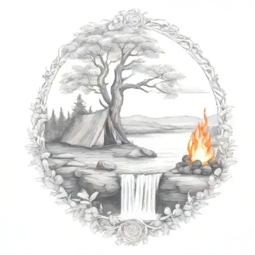 a rowan berry tree and a campfire beside a river waterfalling down the front tattoo design idea
