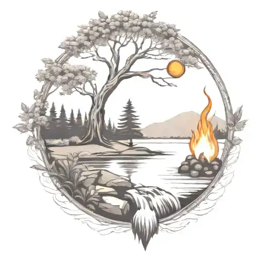 a rowan berry tree and a campfire beside a river waterfalling down the front tattoo design idea