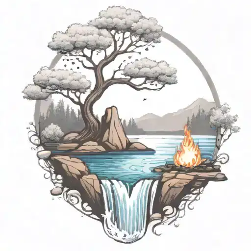 A River With A campfire and a rowan tree on either side of It Waterfalls Down The Front tattoo design idea