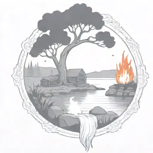 a rowan berry tree and a campfire beside a river waterfalling down the front tattoo design idea