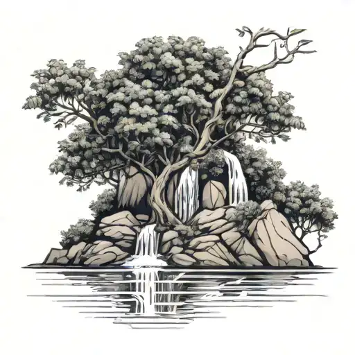 a rowan tree beside a river that waterfalls down the front tattoo design idea