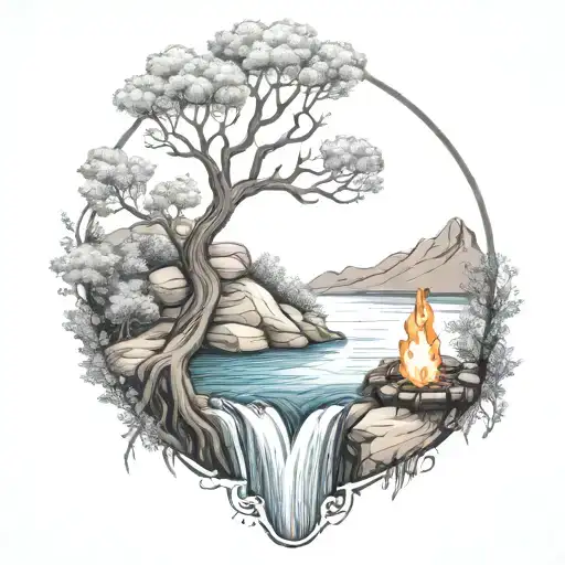 A River With A campfire and an olive tree Beside It Waterfalls Down The Front tattoo design idea