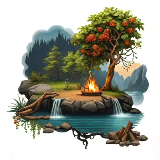 a rowan berry tree and a campfire beside a river waterfalling down the front tattoo design idea