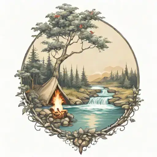 a rowan berry tree and a campfire beside a river waterfalling down the front tattoo design idea