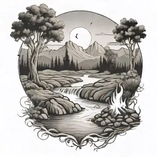 campfire on a riverbank where the river flows past it and waterfalls down the front tattoo design idea