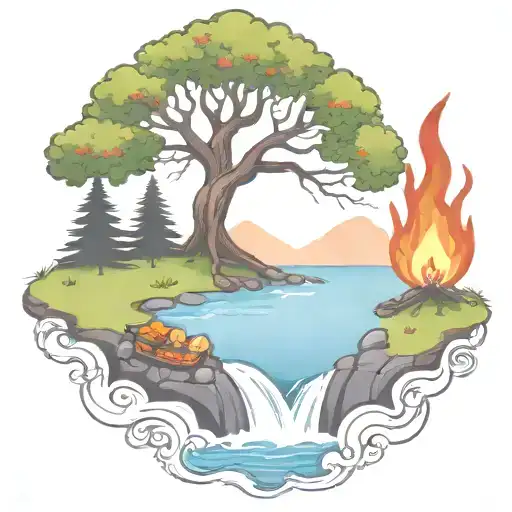 a rowan berry tree and a campfire beside a river waterfalling down the front tattoo design idea