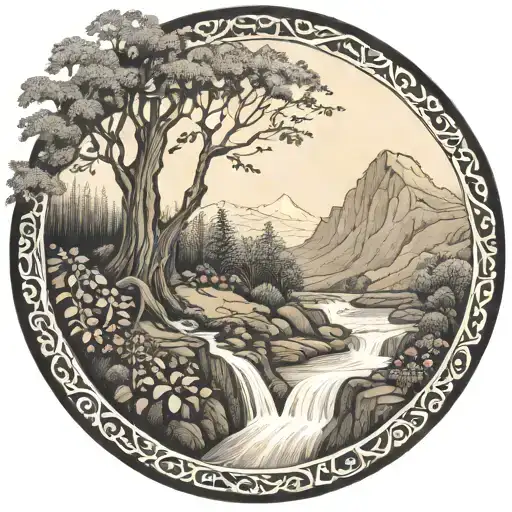 a river winds through low mountain knobs, past a berry bush and ends in a waterfall, flowing down through the bottom tattoo design idea
