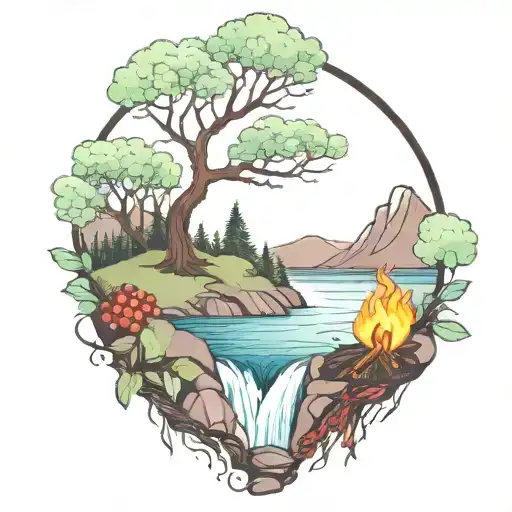 A River With A campfire and a berry tree Beside It Waterfalls Down The Front tattoo design idea