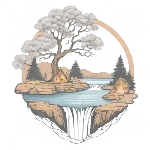 A River With A campfire and a rowan tree on either side of It Waterfalls Down The Front tattoo design idea
