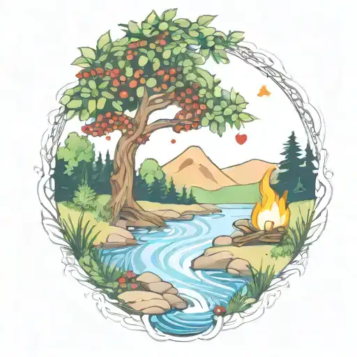 a rowan berry tree and a campfire beside a river waterfalling down the front tattoo design idea
