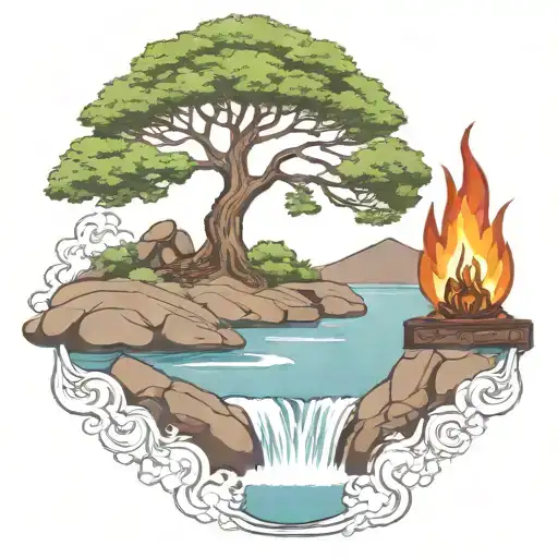 a rowan berry tree and a campfire beside a river waterfalling down the front tattoo design idea