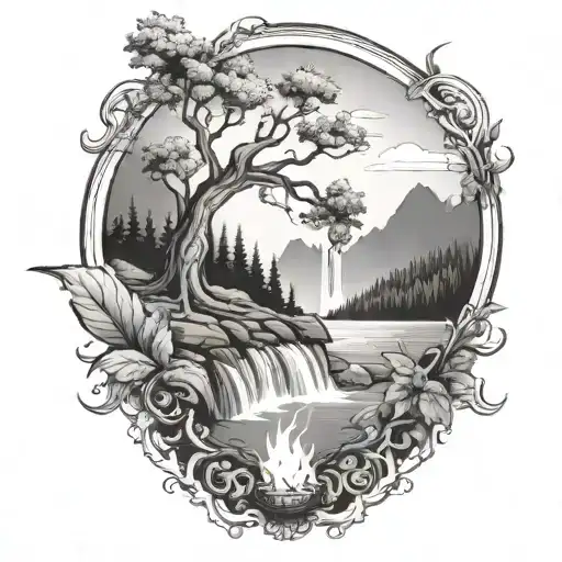 A river with a berry bush on one side and a campfire on the other waterfalls down the front tattoo design idea