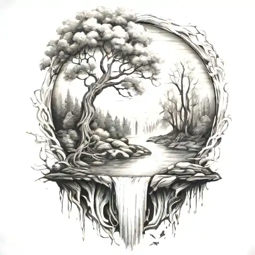 A river with a tree on one side and a fire on the other waterfalls down the front tattoo design idea
