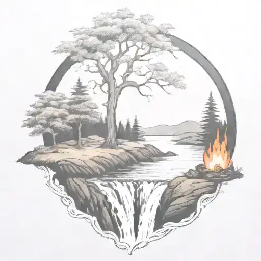 A River With A campfire and a rowan tree on either side of It Waterfalls Down The Front tattoo design idea