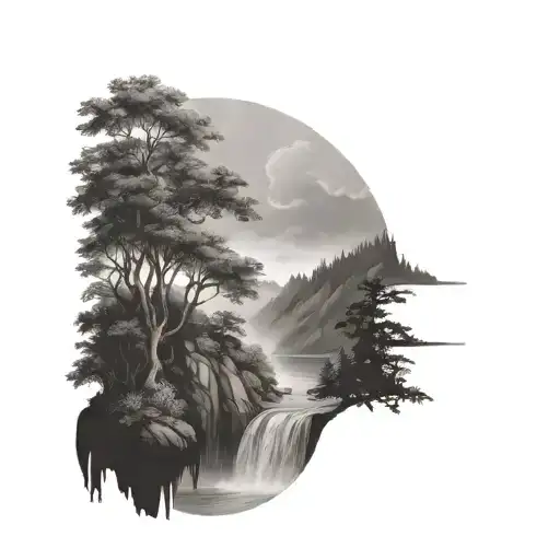 a river winds through small hills and flows past a rowan tree and then waterfalls down through the bottom off the page tattoo design idea