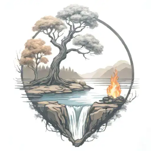 A River With A campfire and a rowan tree on either side of It Waterfalls Down The Front tattoo design idea