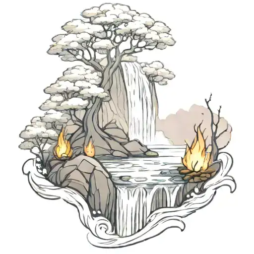 A River With A campfire and a berry bush Beside It Waterfalls Down The Front tattoo design idea