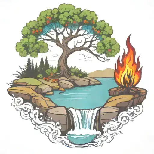 a rowan berry tree and a campfire beside a river waterfalling down the front tattoo design idea