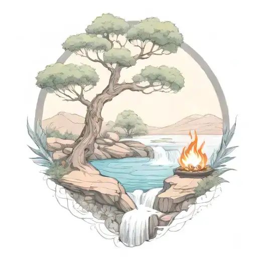 A River With A campfire and a rowan berry tree on either side of It Waterfalls Down The Front tattoo design idea