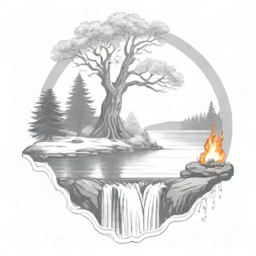 A River With A campfire and a rowan tree on either side of It Waterfalls Down The Front tattoo design idea