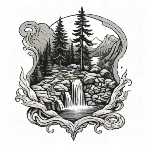 a river winding through the appalachian mountains, past a campfire on the riverbank and ending in a waterfall tattoo design idea