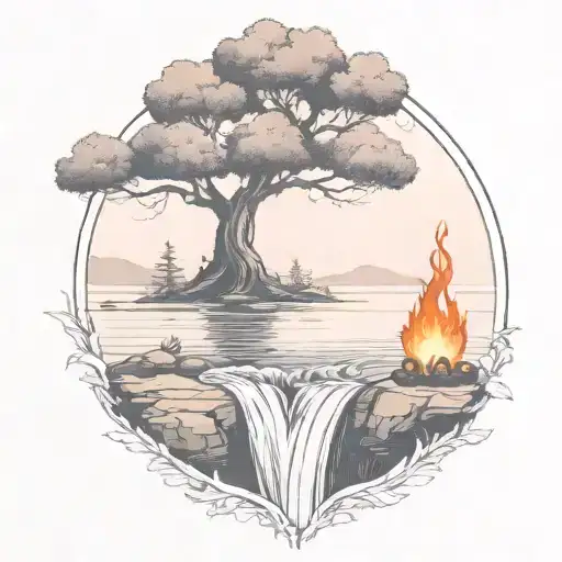 A River With A campfire and a rowan berry tree on either side of It Waterfalls Down The Front tattoo design idea