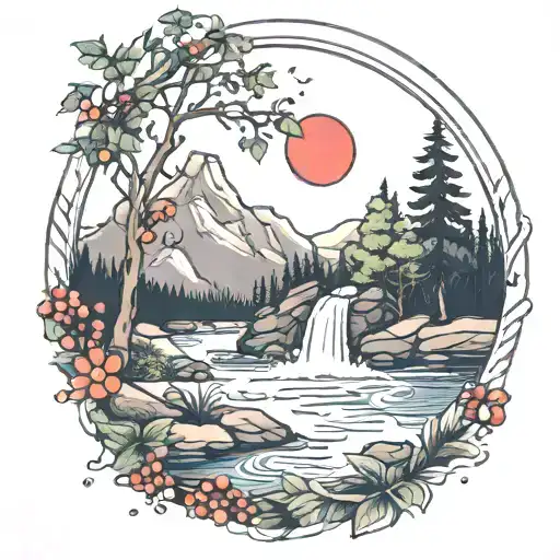 A River With A campfire and a berry bush Beside It Waterfalls Down The Front tattoo design idea