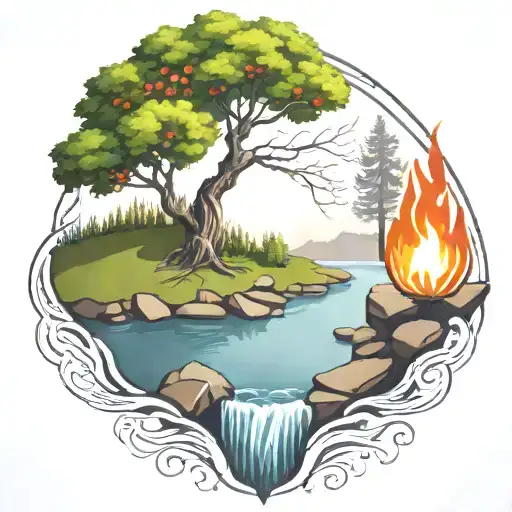 a rowan berry tree and a campfire beside a river waterfalling down the front tattoo design idea