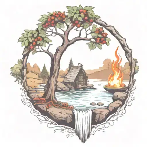 a rowan berry tree and a campfire beside a river waterfalling down the front tattoo design idea