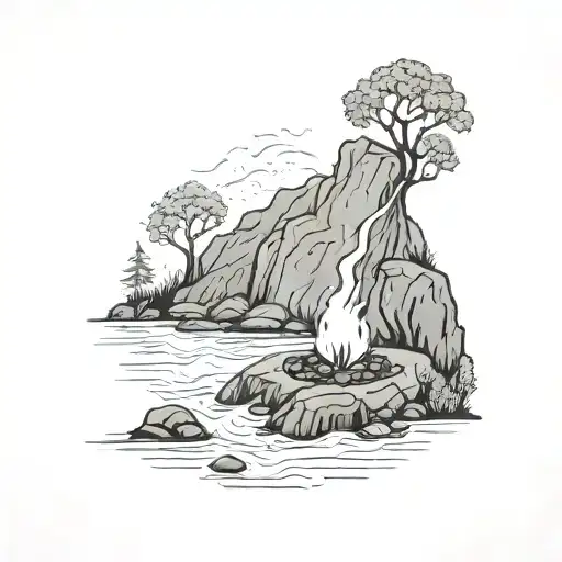 a campfire on the riverbank of a river winding through hills and ending in a waterfall by a rowan tree tattoo design idea