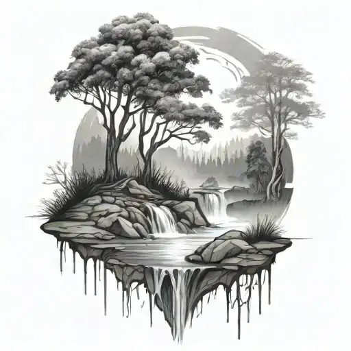 A river with a tree on one side and a fire on the other waterfalls down the front tattoo design idea