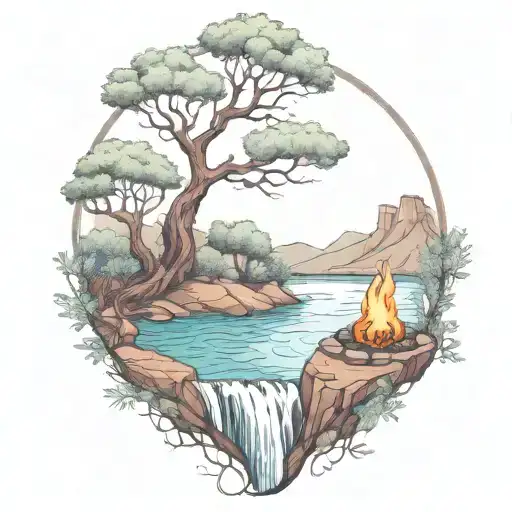 A River With A campfire and an olive tree on either side of It Waterfalls Down The Front tattoo design idea