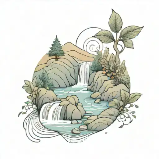 a river winding through small hills, past a berry bush and ending in a waterfall down through the middle bottom tattoo design idea