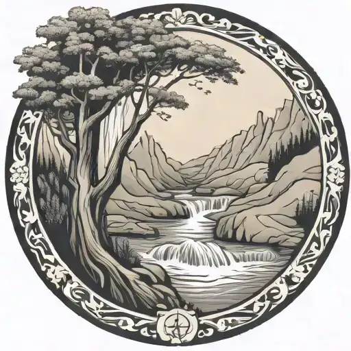 a river winds through low hills, past a campfire and ends in a waterfall, breaking through and flowing out tattoo design idea