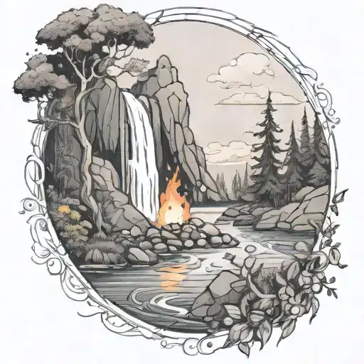 A River With A campfire and a berry bush Beside It Waterfalls Down The Front tattoo design idea