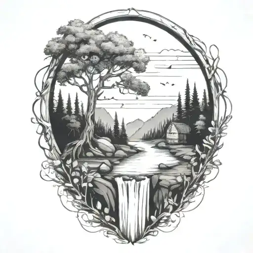 A river with a rowan berry bush on one side and a campfire on the other side waterfalls down the front tattoo design idea