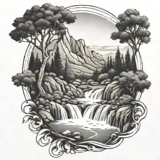 a river winds through small hills, past a berry bush and ends in a waterfall, flowing out through the front tattoo design idea