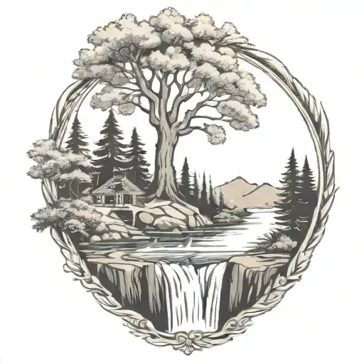 A River With A campfire and a rowan tree on either side of It Waterfalls Down The Front tattoo design idea