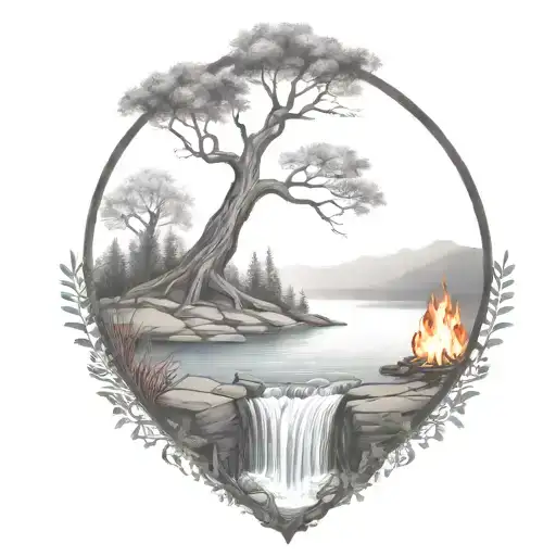 A River With A campfire and a rowan tree on either side of It Waterfalls Down The Front tattoo design idea
