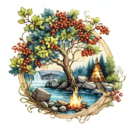 a rowan berry tree and a campfire beside a river waterfalling down the front tattoo design idea