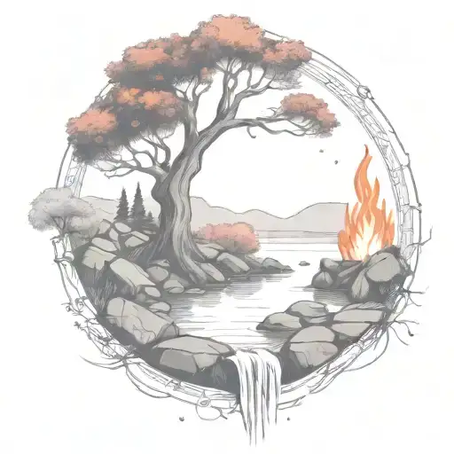 a rowan berry tree and a campfire beside a river waterfalling down the front tattoo design idea