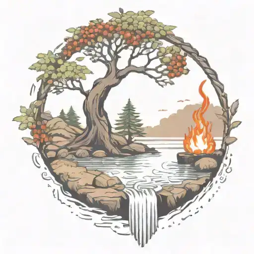 a rowan berry tree and a campfire beside a river waterfalling down the front tattoo design idea